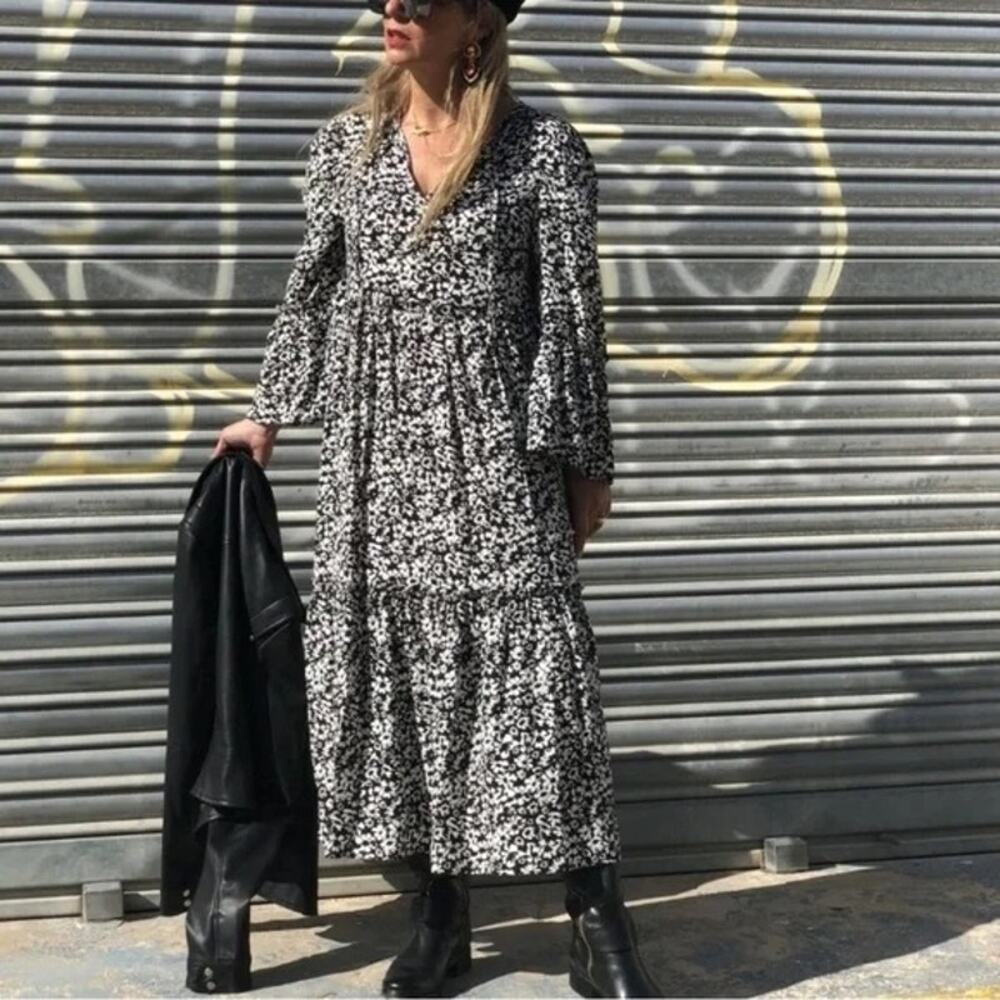 [ZARA] Black Floral Print Ruffle Hem Tiered Boho Midi Dress Ruffle Size Large L